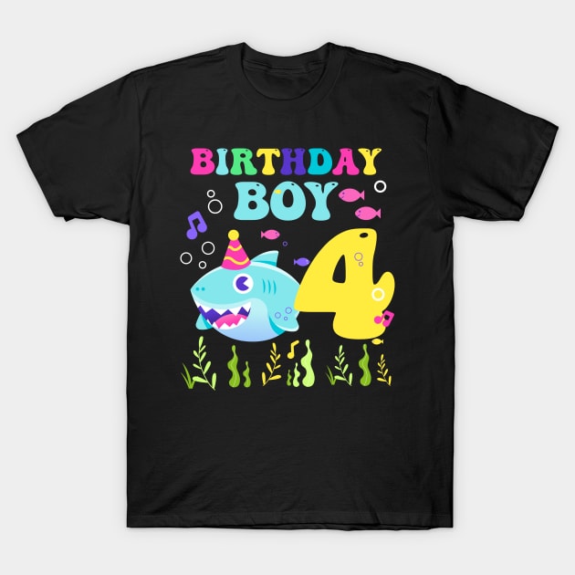 4th Birthday Boy Shark Funny B-day Gift For Kids Tollders T-Shirt by ttao4164